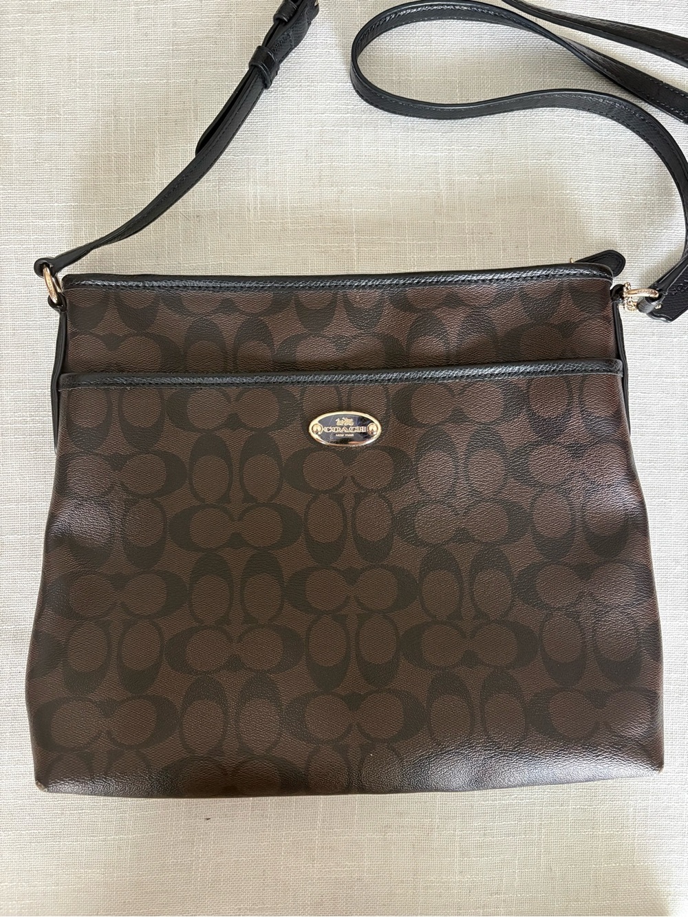 Coach Dark Brown Signature Crossbody Bag with Gold Accent
